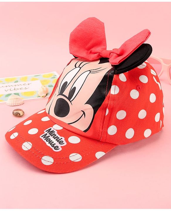 Babyhug Disney Cotton Woven Summer Cap with Minnie Mouse Family Graphics & 3 D Ear Applique Red - Diameter - 16 cm