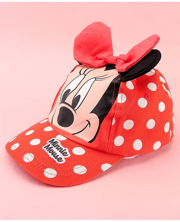 Babyhug Disney Cotton Woven Summer Cap with Minnie Mouse Family Graphics & 3 D Ear Applique Red - Diameter - 16 cm