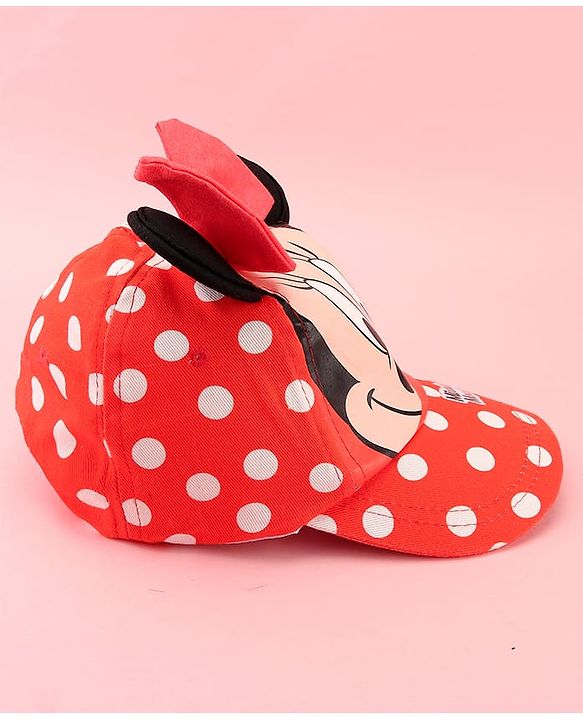 Babyhug Disney Cotton Woven Summer Cap with Minnie Mouse Family Graphics & 3 D Ear Applique Red - Diameter - 16 cm