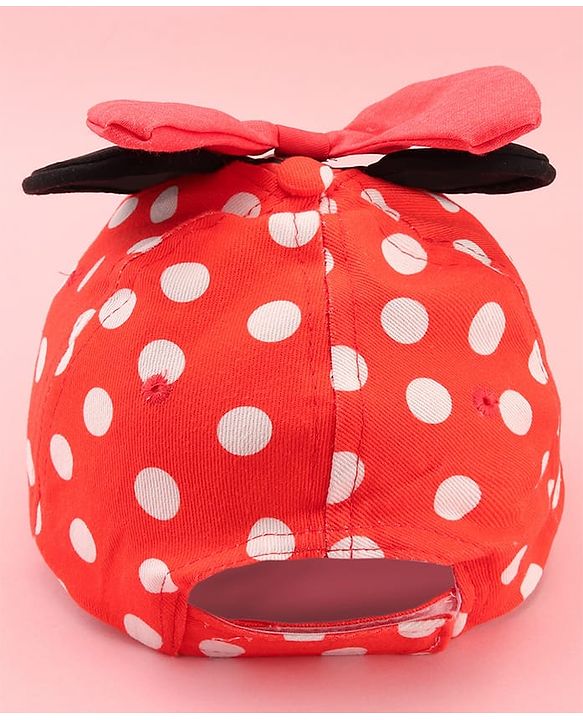 Babyhug Disney Cotton Woven Summer Cap with Minnie Mouse Family Graphics & 3 D Ear Applique Red - Diameter - 16 cm