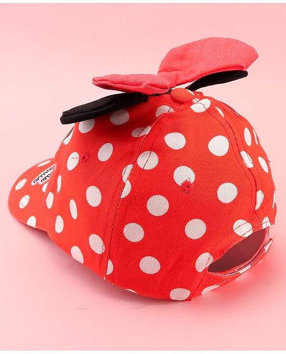 Babyhug Disney Cotton Woven Summer Cap with Minnie Mouse Family Graphics & 3 D Ear Applique Red - Diameter - 16 cm