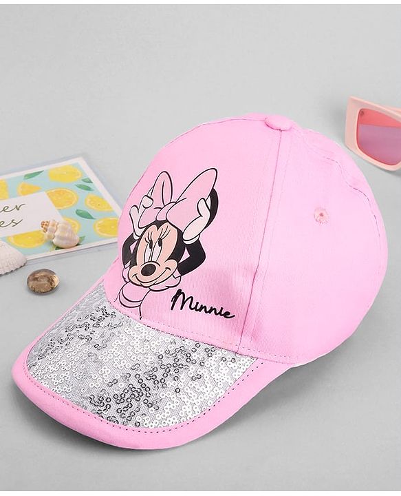 Babyhug Disney Cotton Woven Summer Cap With Minnie Mouse Family Graphics & Sequin Detailing Pink - Diameter 13 cm