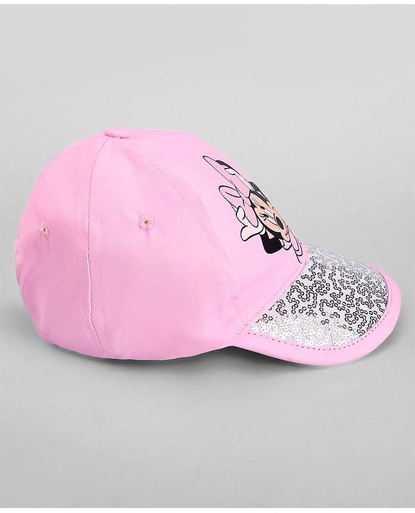 Babyhug Disney Cotton Woven Summer Cap With Minnie Mouse Family Graphics & Sequin Detailing Pink - Diameter 13 cm