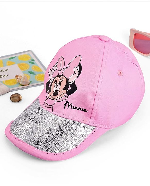 Babyhug Disney Cotton Woven Summer Cap With Minnie Mouse Family Graphics & Sequin Detailing Pink - Diameter 13 cm