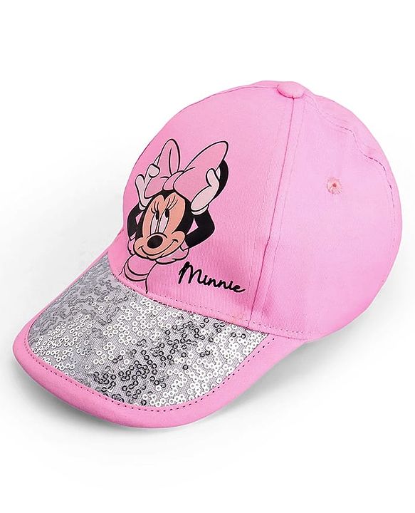 Babyhug Disney Cotton Woven Summer Cap With Minnie Mouse Family Graphics & Sequin Detailing Pink - Diameter 13 cm