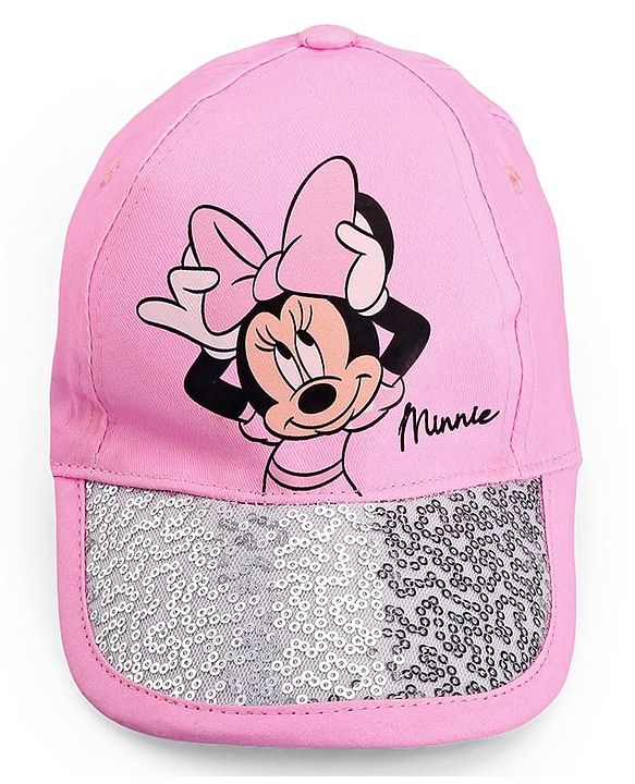Babyhug Disney Cotton Woven Summer Cap With Minnie Mouse Family Graphics & Sequin Detailing Pink - Diameter 13 cm