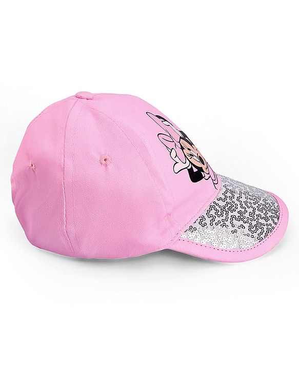 Babyhug Disney Cotton Woven Summer Cap With Minnie Mouse Family Graphics & Sequin Detailing Pink - Diameter 13 cm