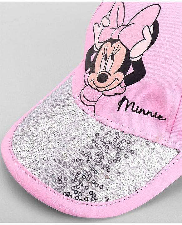 Babyhug Disney Cotton Woven Summer Cap With Minnie Mouse Family Graphics & Sequin Detailing Pink - Diameter 13 cm