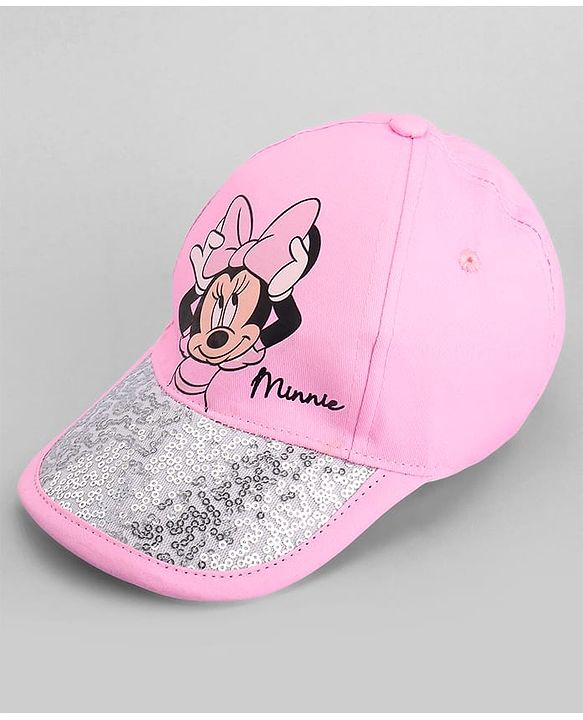 Babyhug Disney Cotton Woven Summer Cap With Minnie Mouse Family Graphics & Sequin Detailing Pink - Diameter 14 cm