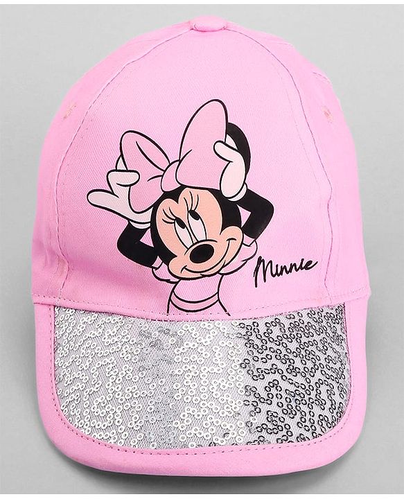 Babyhug Disney Cotton Woven Summer Cap With Minnie Mouse Family Graphics & Sequin Detailing Pink - Diameter 14 cm