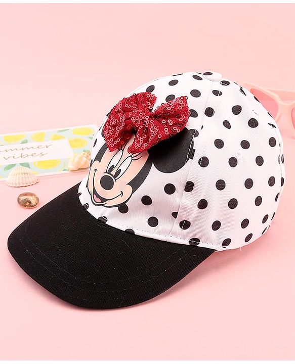 Babyhug Disney Cotton Woven Summer Cap with Minnie Mouse Family Graphics & Bow Detailing Black & White - Diameter 16 cm