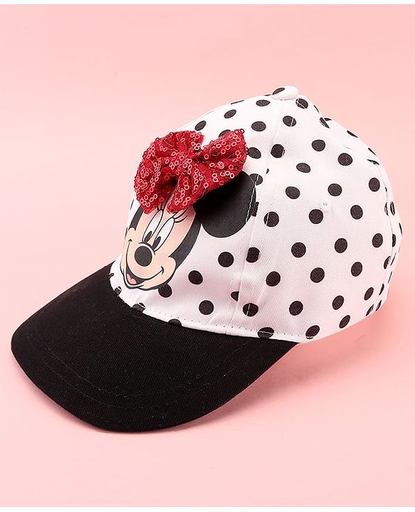 Babyhug Disney Cotton Woven Summer Cap with Minnie Mouse Family Graphics & Bow Detailing Black & White - Diameter 16 cm