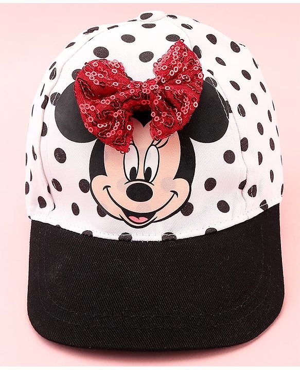 Babyhug Disney Cotton Woven Summer Cap with Minnie Mouse Family Graphics & Bow Detailing Black & White - Diameter 16 cm