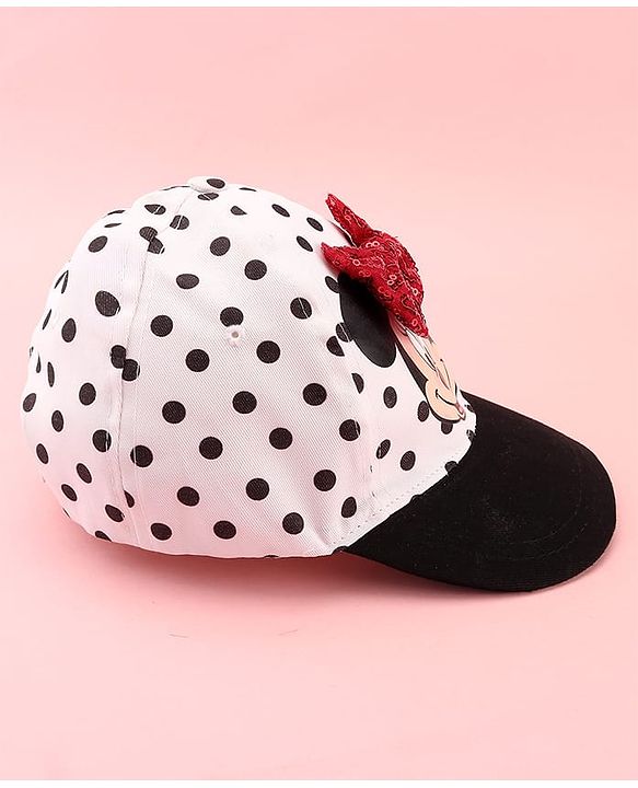 Babyhug Disney Cotton Woven Summer Cap with Minnie Mouse Family Graphics & Bow Detailing Black & White - Diameter 15.5 cm