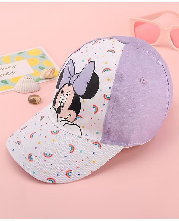 Babyhug Disney Cotton Woven Summer Cap with Minnie Mouse Graphics White & Lilac - Diameter 15 cm