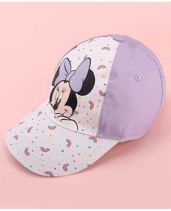 Babyhug Disney Cotton Woven Summer Cap with Minnie Mouse Graphics White & Lilac - Diameter 15 cm