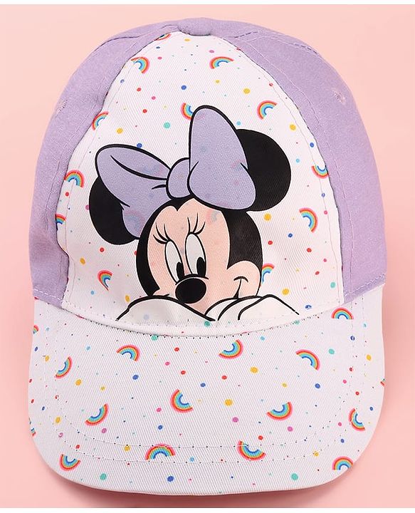 Babyhug Disney Cotton Woven Summer Cap with Minnie Mouse Graphics White & Lilac - Diameter 15 cm