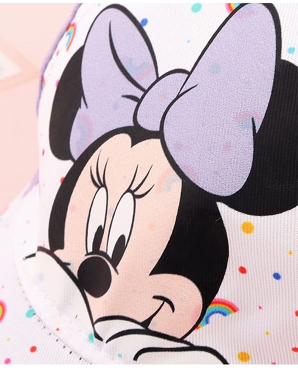 Babyhug Disney Cotton Woven Summer Cap with Minnie Mouse Graphics White & Lilac - Diameter 15 cm