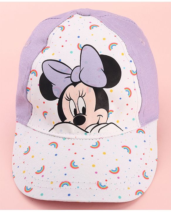 Babyhug Disney Cotton Woven Summer Cap with Minnie Mouse Graphics White & Lilac - Diameter 15 cm