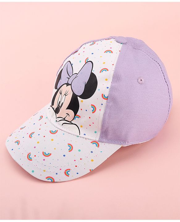 Babyhug Disney Cotton Woven Summer Cap with Minnie Mouse Graphics White & Lilac - Diameter 15 cm