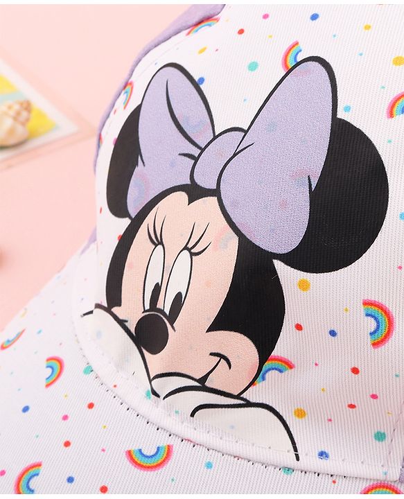 Babyhug Disney Cotton Woven Summer Cap with Minnie Mouse Graphics White & Lilac - Diameter 15 cm