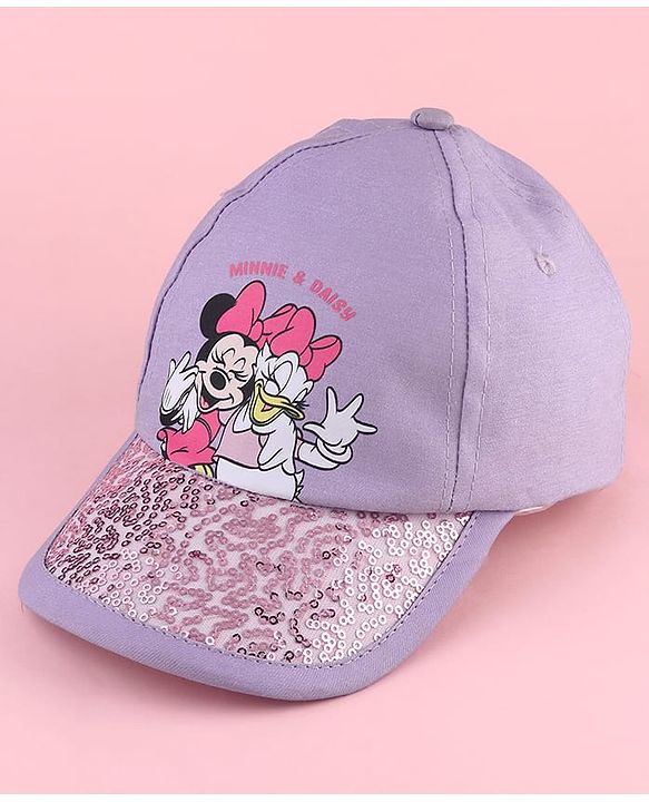 Babyhug Disney Cotton Woven Summer Cap with Minnie Mouse and Daisy Graphics Lilac - Diameter 14 cm