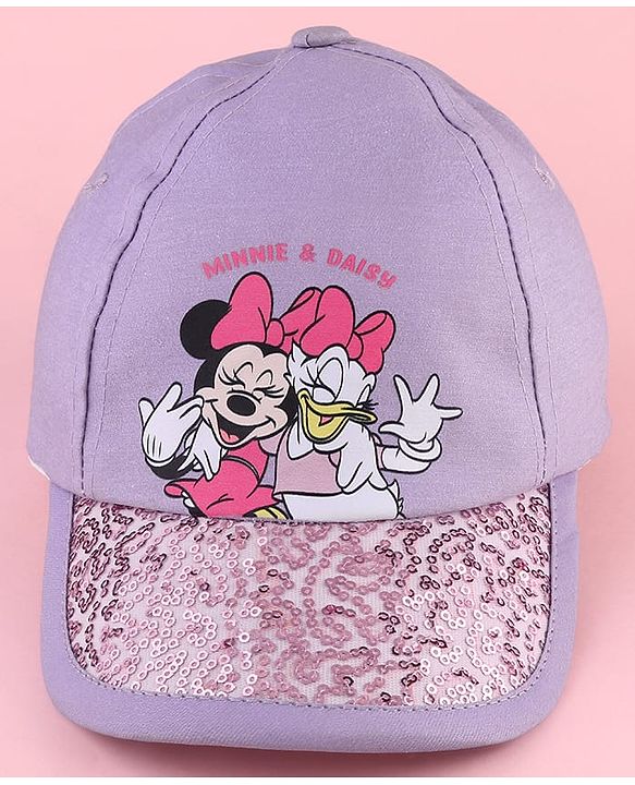 Babyhug Disney Cotton Woven Summer Cap with Minnie Mouse and Daisy Graphics Lilac - Diameter 14 cm