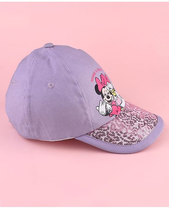 Babyhug Disney Cotton Woven Summer Cap with Minnie Mouse and Daisy Graphics Lilac - Diameter 14 cm