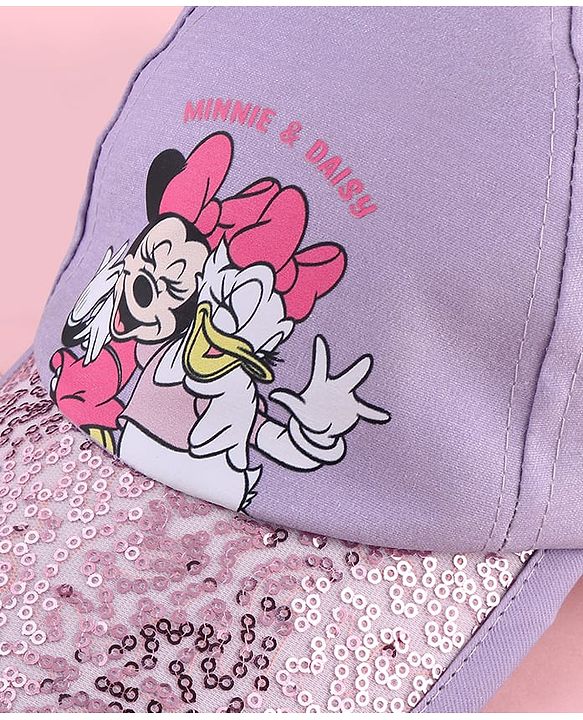 Babyhug Disney Cotton Woven Summer Cap with Minnie Mouse and Daisy Graphics Lilac - Diameter 14 cm