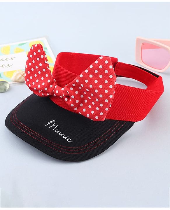 Babyhug Disney Cotton Woven Summer Cap With Minnie Mouse Graphics Black & Red - Diameter 17 cm