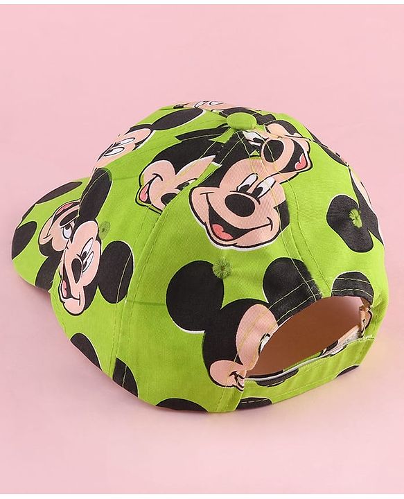 Babyhug Disney Cotton Woven Summer Cap with Mickey Mouse Family Green - Diameter 12 cm