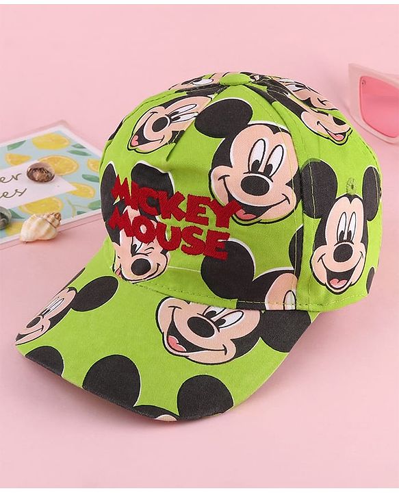 Babyhug Disney Cotton Woven Summer Cap with Mickey Mouse Family Green - Diameter 12 cm