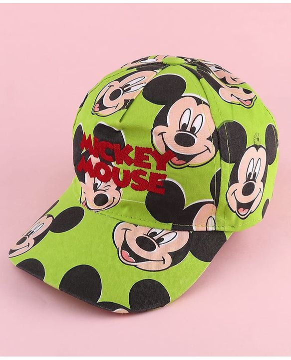 Babyhug Disney Cotton Woven Summer Cap with Mickey Mouse Family Green - Diameter 12 cm