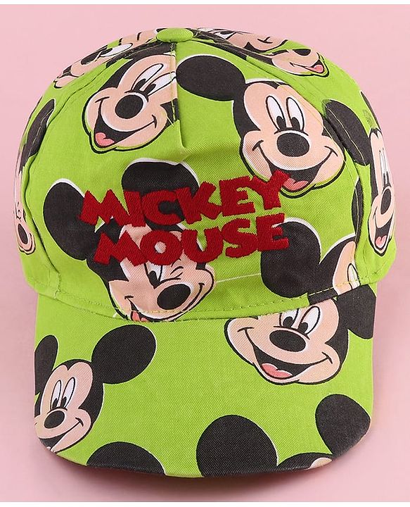 Babyhug Disney Cotton Woven Summer Cap with Mickey Mouse Family Green - Diameter 12 cm