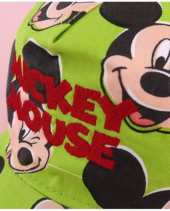 Babyhug Disney Cotton Woven Summer Cap with Mickey Mouse Family Green - Diameter 12 cm