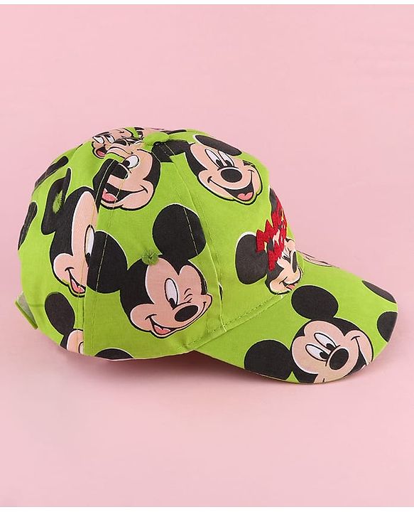 Babyhug Disney Cotton Woven Summer Cap with Mickey Mouse Family Green - Diameter 12 cm