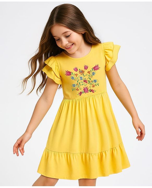 Pine Kids Cotton Knit Half Frill Sleeves Tiered Dress with Floral Embroidery - Yellow