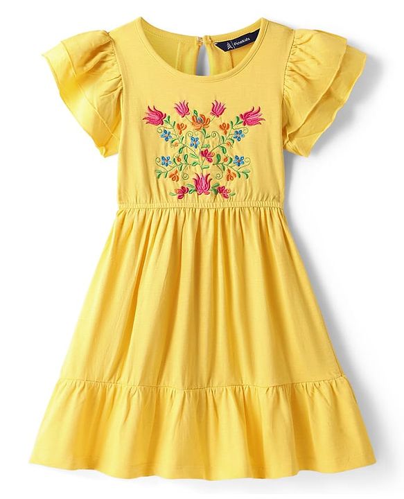 Pine Kids Cotton Knit Half Frill Sleeves Tiered Dress with Floral Embroidery - Yellow