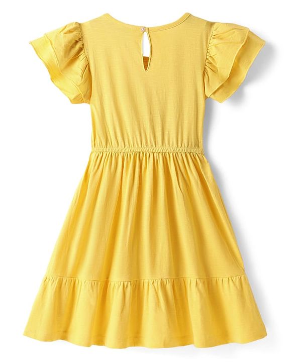 Pine Kids Cotton Knit Half Frill Sleeves Tiered Dress with Floral Embroidery - Yellow