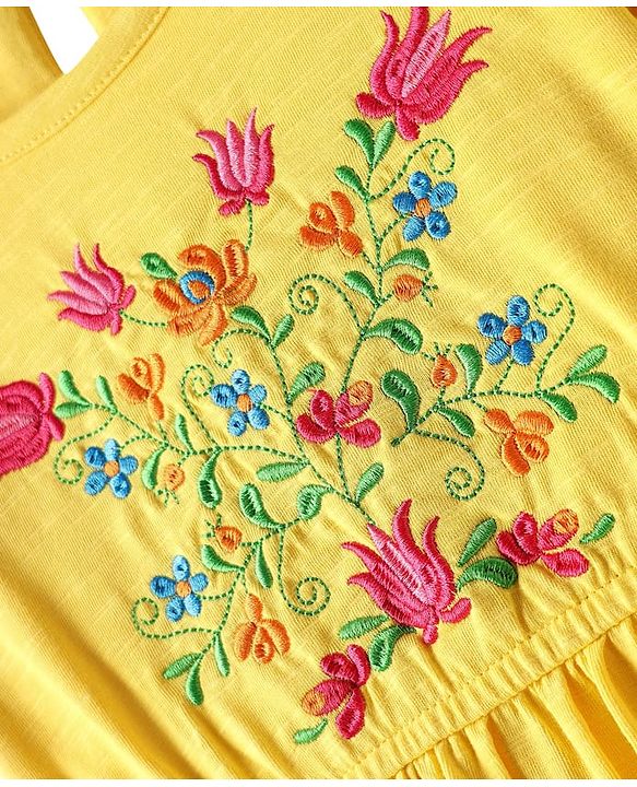 Pine Kids Cotton Knit Half Frill Sleeves Tiered Dress with Floral Embroidery - Yellow