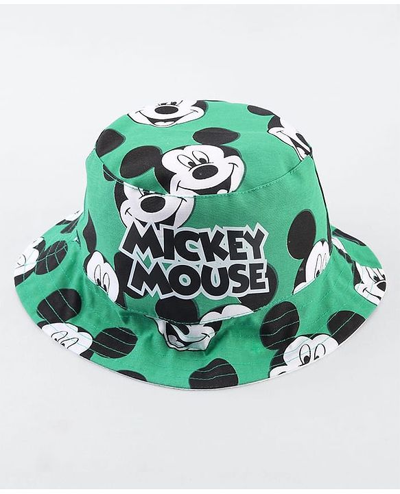 Babyhug Disney Cotton Woven Summer Cap With Mickey Mouse Print Green - Diameter 25 cm