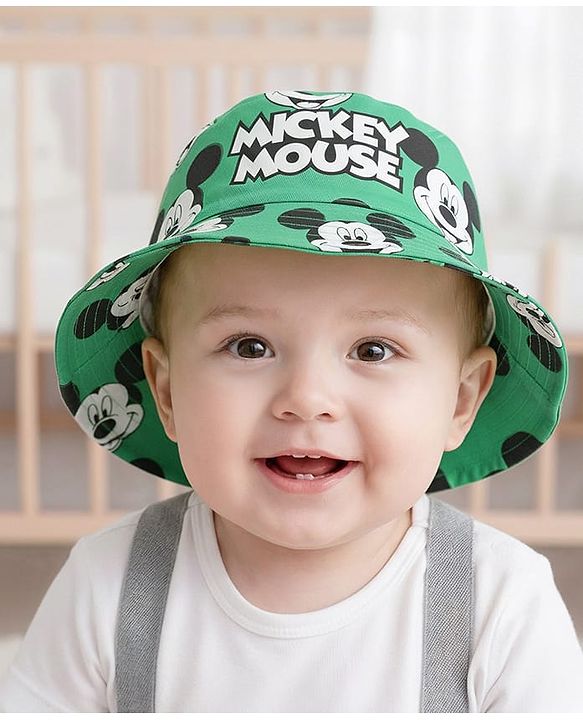 Babyhug Disney Cotton Woven Summer Cap With Mickey Mouse Print Green - Diameter 25 cm