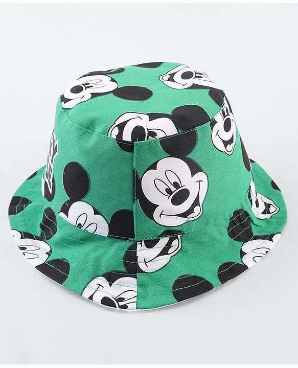 Babyhug Disney Cotton Woven Summer Cap With Mickey Mouse Print Green - Diameter 25 cm