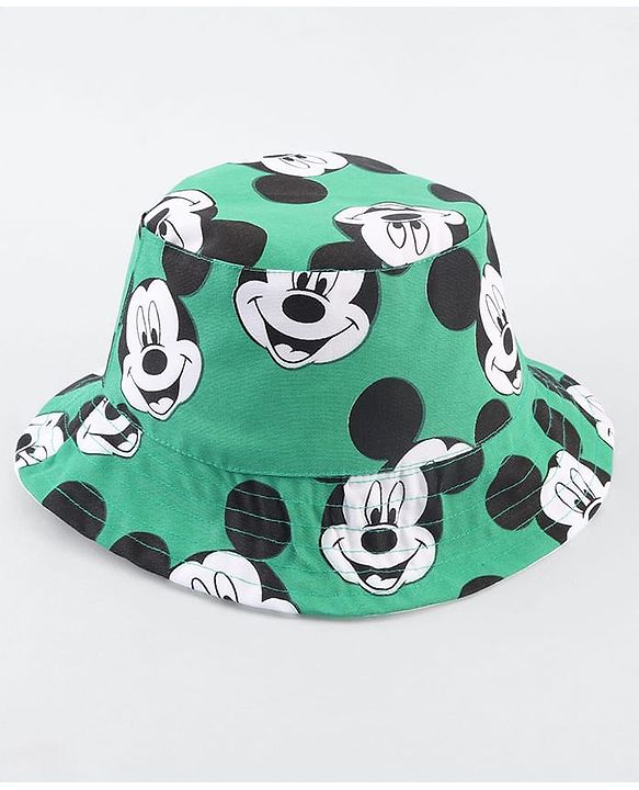 Babyhug Disney Cotton Woven Summer Cap With Mickey Mouse Print Green - Diameter 25 cm