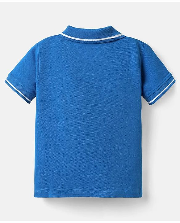 Babyhug Single Jersey Knit Dungaree & Half Sleeves Polo T-Shirt With Beach Theme Print - Blue & White