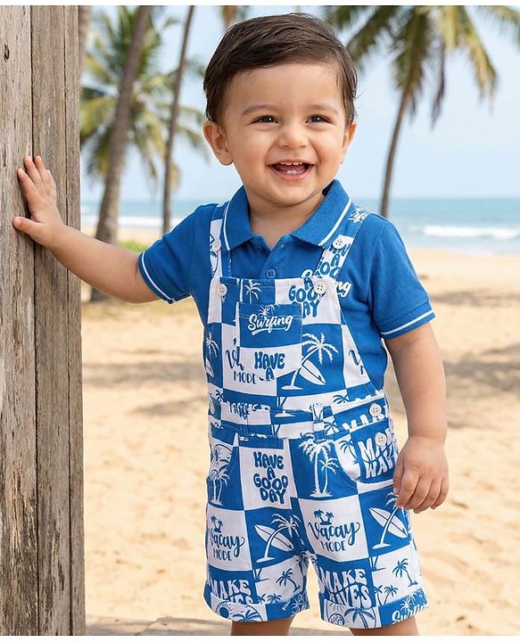 Babyhug Single Jersey Knit Dungaree & Half Sleeves Polo T-Shirt With Beach Theme Print - Blue & White