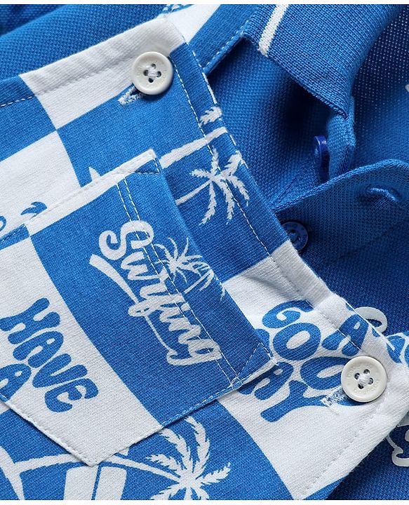 Babyhug Single Jersey Knit Dungaree & Half Sleeves Polo T-Shirt With Beach Theme Print - Blue & White