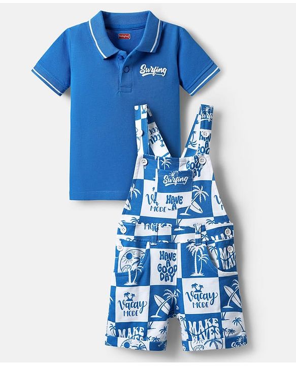 Babyhug Single Jersey Knit Dungaree & Half Sleeves Polo T-Shirt With Beach Theme Print - Blue & White
