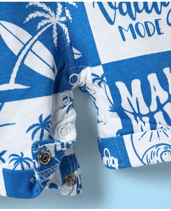 Babyhug Single Jersey Knit Dungaree & Half Sleeves Polo T-Shirt With Beach Theme Print - Blue & White