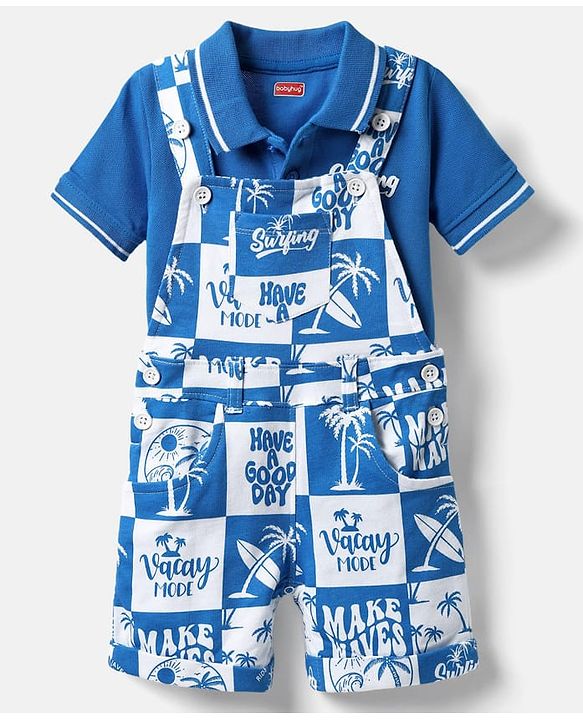 Babyhug Single Jersey Knit Dungaree & Half Sleeves Polo T-Shirt With Beach Theme Print - Blue & White